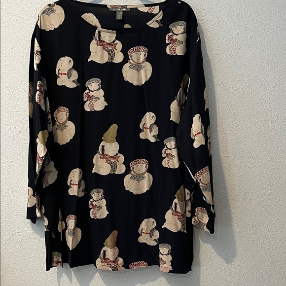 HARARI Silk Black Long Sleeve Top with Artsy Asian characters 100% SilkSz XL